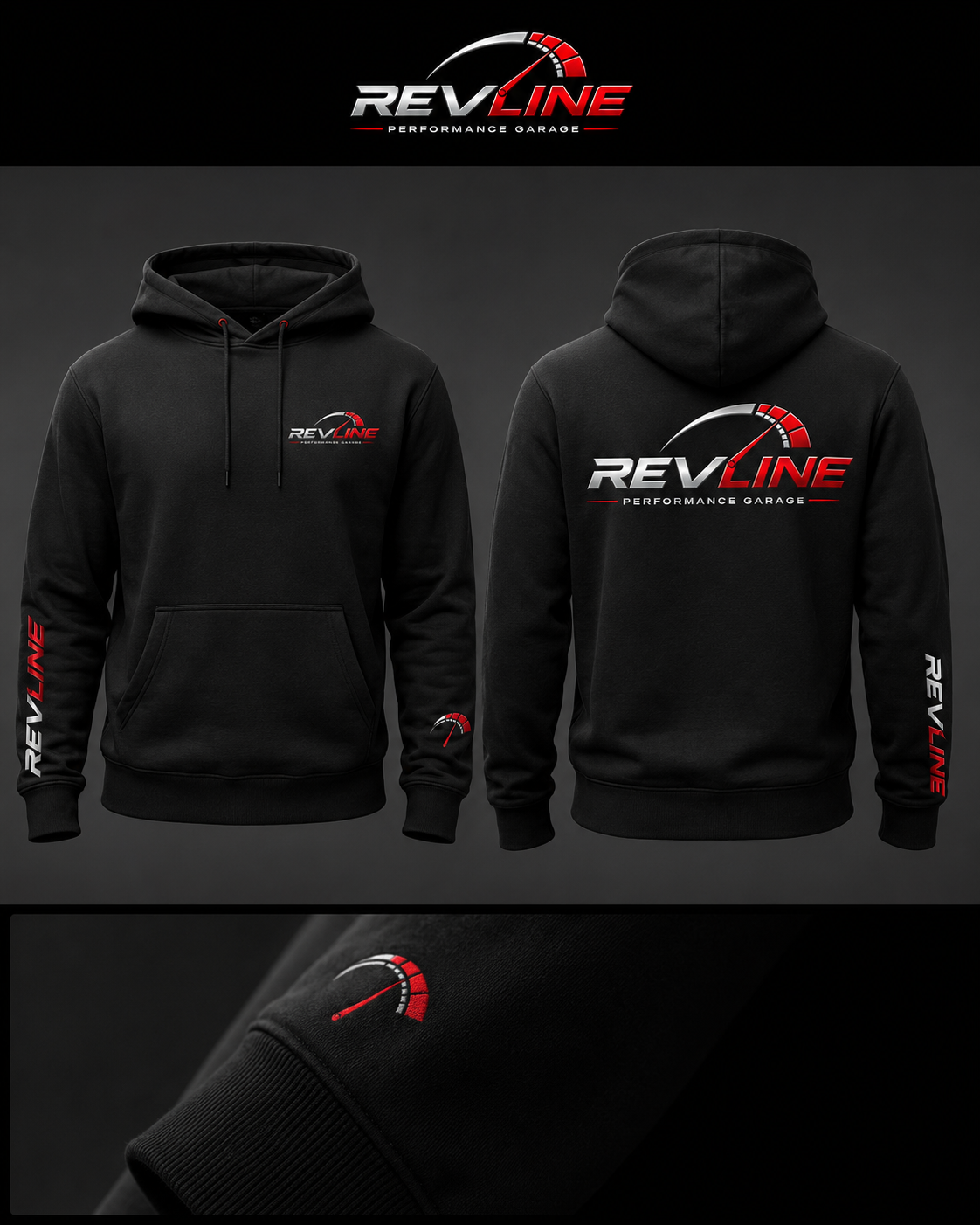 Black Revline Performance Garage hoodie shown from the front and back