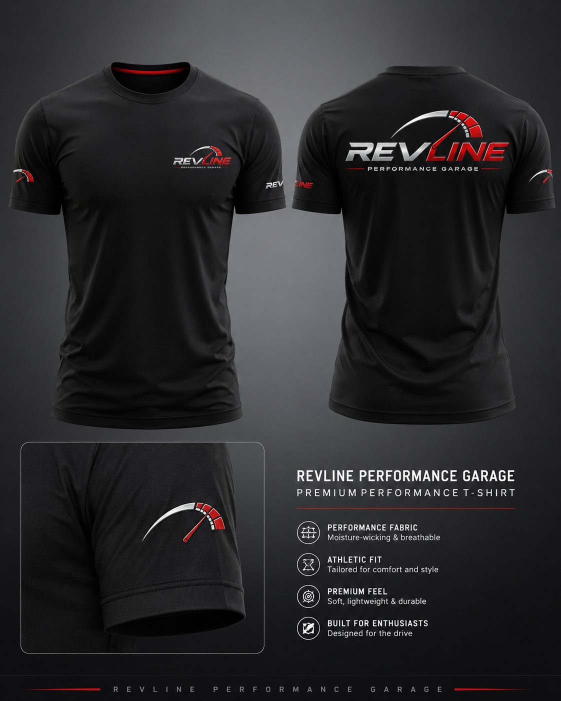 Black Revline Performance Garage performance T-shirt shown from the front and back