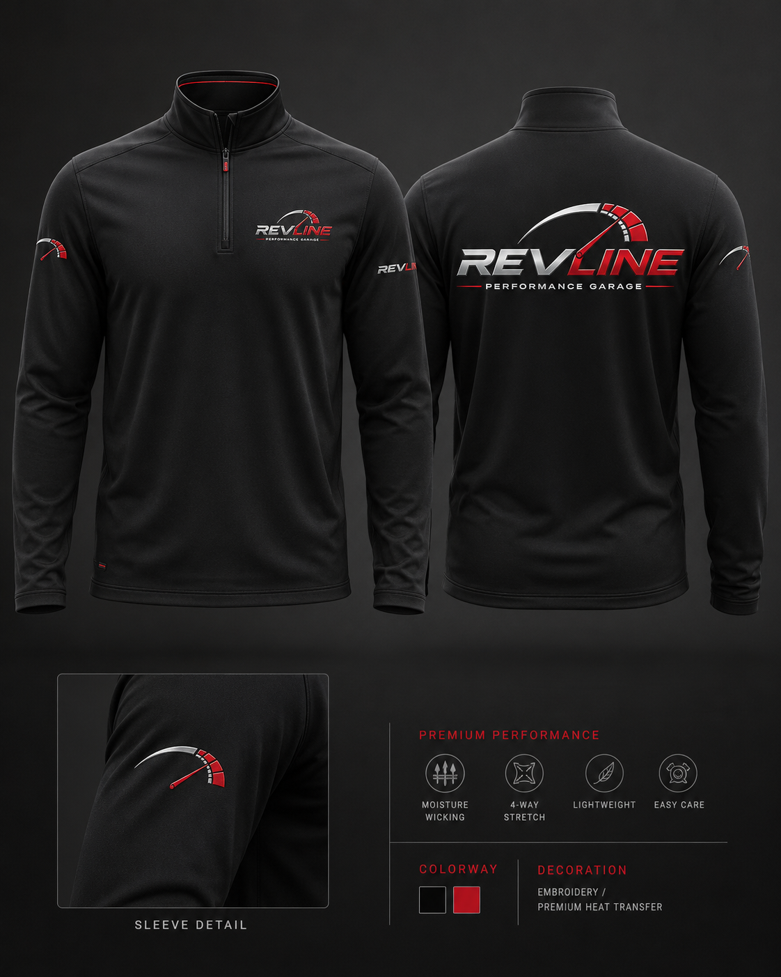 Black Revline Performance Garage long-sleeve quarter-zip shown from the front and back